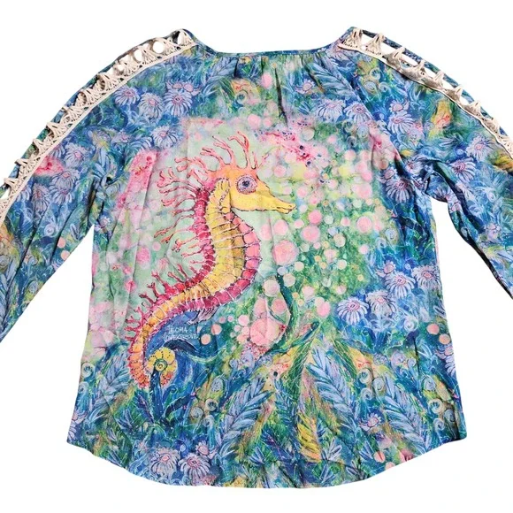 Leoma Lovegrove Seahorse Tie Waist Art to Wear Top Watercolor L Laced Sleeves - Picture 7 of 12